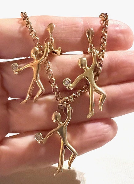 Vintage Gold Tone Belcher Chain Rhinestones DANCER Necklace & Long Clip Earrings Carousel 2