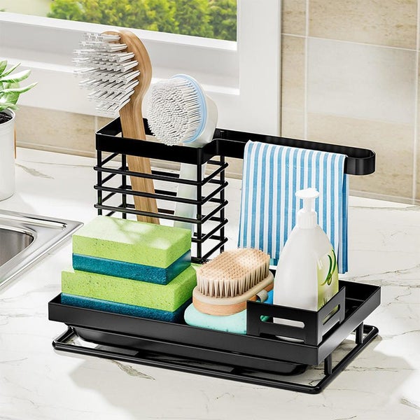 Sink Caddy with Removable Drain Tray Storage for Soap Sponge Dishcloth-Black Carousel 7
