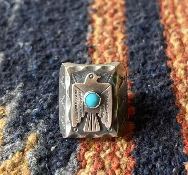 Vintage Navajo Solid Silver Thunderbird Ring-Blue Turquoise Carousel 1