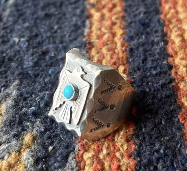 Vintage Navajo Solid Silver Thunderbird Ring-Blue Turquoise Carousel 2