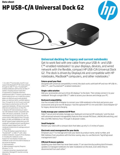 HP USB-C/A Universal Dock G2 100W Docking Station for Laptop Notebook 5TW13AA Carousel 2