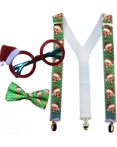 Goofy Christmas Pizza Santa Glasses Bowtie and Suspenders Set Carousel 1