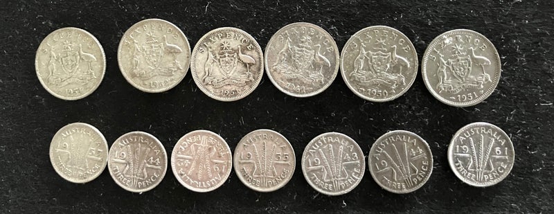 Australian Silver six and three pence coins 50’s and 60’s Carousel 1