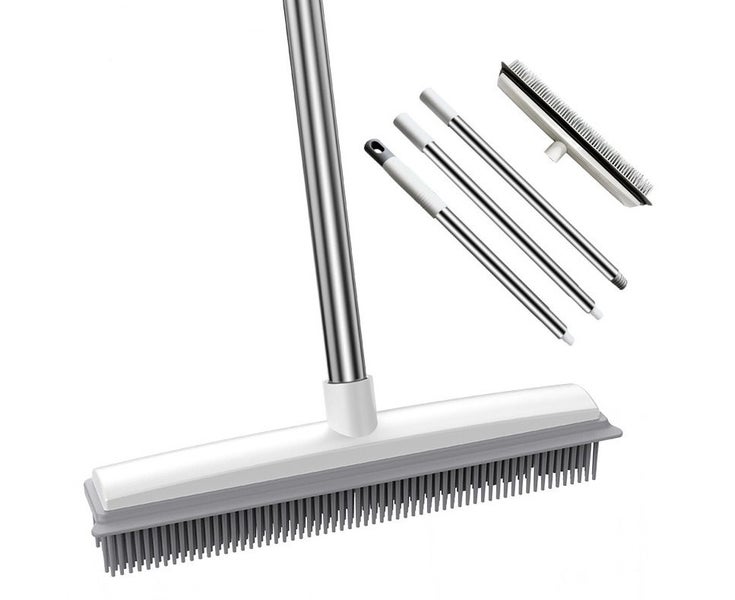 Rubber Broom Carpet Rake with Squeegee Long Handle for Pet Hair Fur Remover B Carousel 1