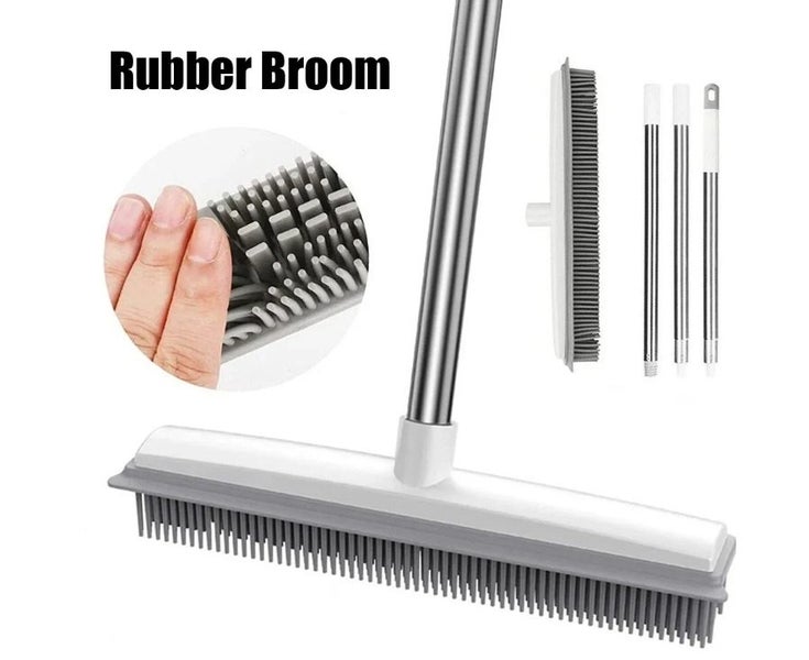 Rubber Broom Carpet Rake with Squeegee Long Handle for Pet Hair Fur Remover B Carousel 2