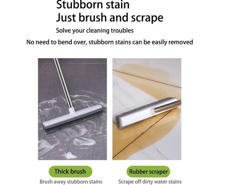 Rubber Broom Carpet Rake with Squeegee Long Handle for Pet Hair Fur Remover B Carousel 5
