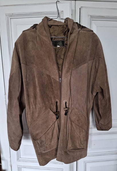 Newly dry-cleaned - tan leather suede hooded jacket - lovely condition Carousel 1