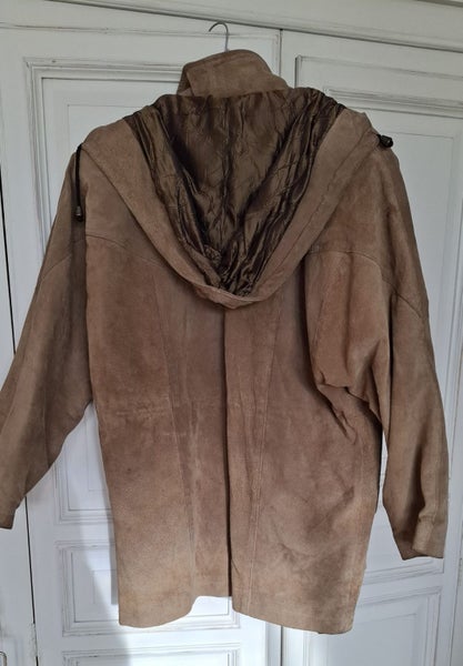 Newly dry-cleaned - tan leather suede hooded jacket - lovely condition63617452589699112