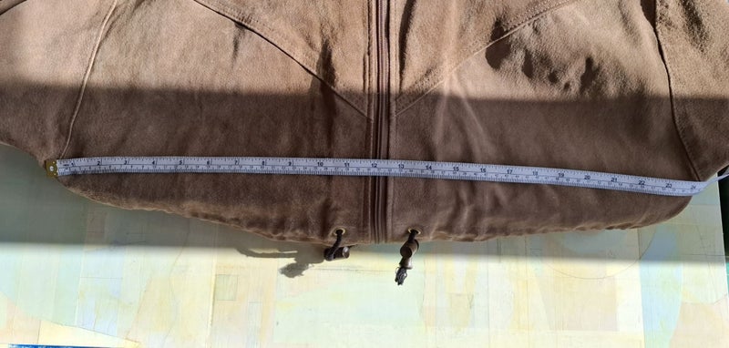 Newly dry-cleaned - tan leather suede hooded jacket - lovely condition Carousel 19