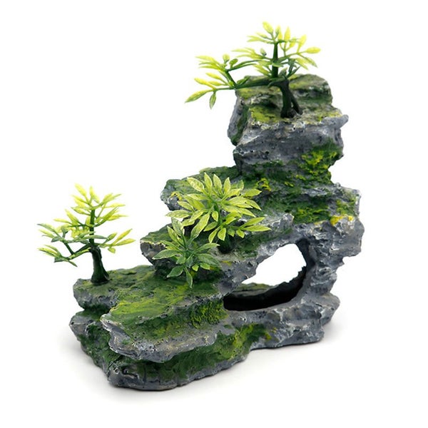 Fish Tank Ornament Artificial Mountain View Stone with Moss Tree Carousel 1
