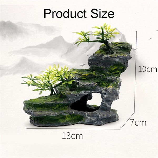 Fish Tank Ornament Artificial Mountain View Stone with Moss Tree Carousel 2