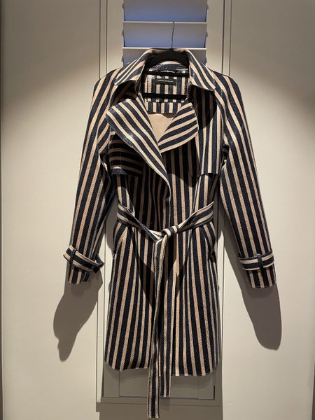 Italian uber chic shiny navy and beige striped coat - Carousel 1