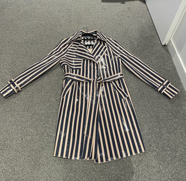 Italian uber chic shiny navy and beige striped coat - Carousel 2