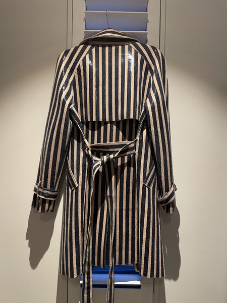 Italian uber chic shiny navy and beige striped coat - Carousel 10