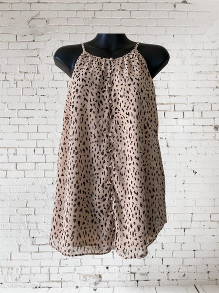 Just Jeans Beige Animal Print Halter Top – Size 12, Lined, Button Front64448492811138110