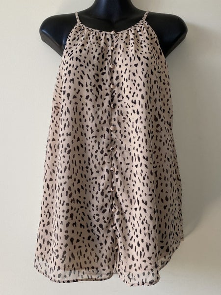 Just Jeans Beige Animal Print Halter Top – Size 12, Lined, Button Front64448492811138111