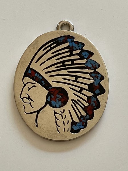 AMERICAN INDIAN CHIEF HEAD INSET WITH TURQUOISE & CORAL OVAL 3.5 X 4.5CM Carousel 1