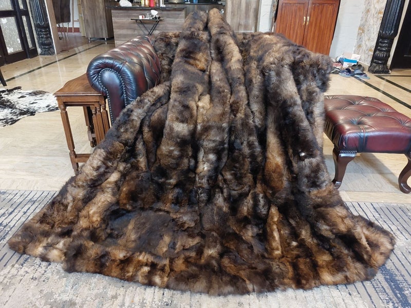 New KING Blanket Natural Brown Real NZ Possum Full Fur Throw - No Reserve! B6523 Carousel 1