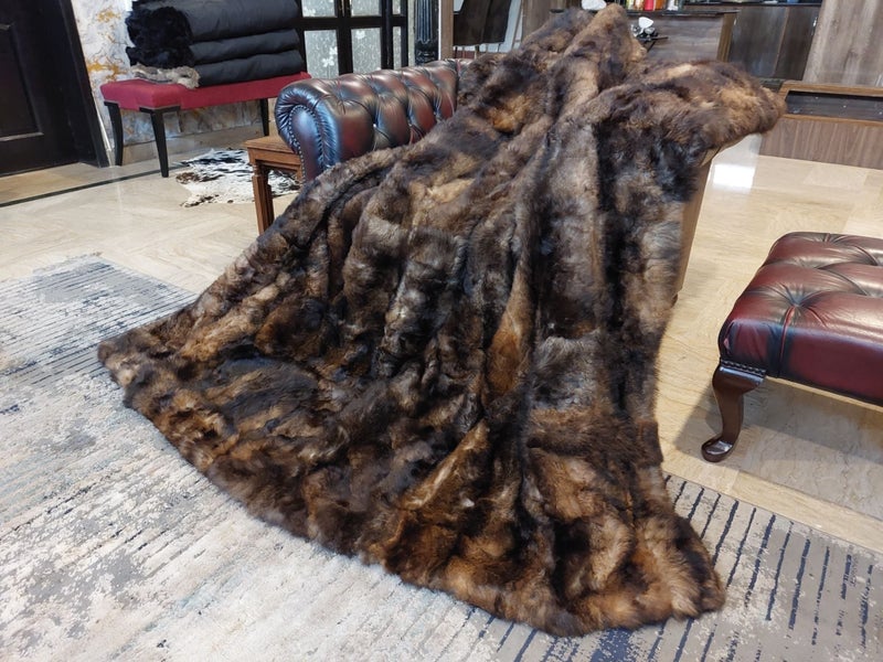 New KING Blanket Natural Brown Real NZ Possum Full Fur Throw - No Reserve! B6523 Carousel 2