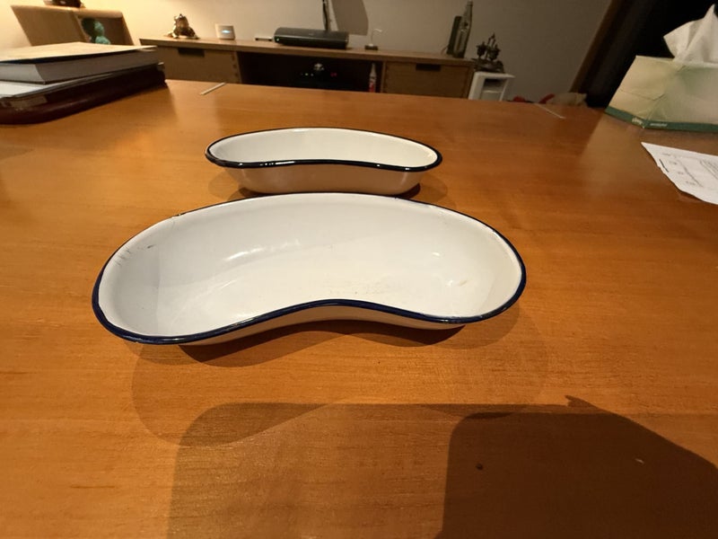 Enamel Kidney Shaped Dishes White/Blue Black (2 pieces) Carousel 2