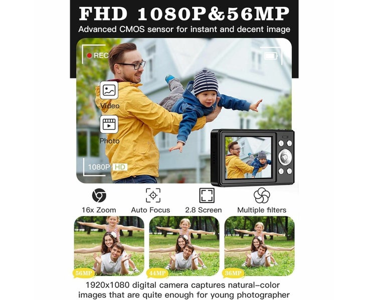 Upgrade Digital Camera,56MP FHD 1080P Camera with 16x Zoom Anti Shake,Kid Cam Carousel 2