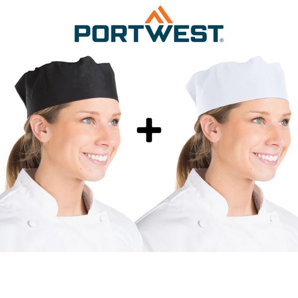 2 Pack Portwest S899 Chefs Skull Cap Adjustable Hat Black White Water Resista... Carousel 10