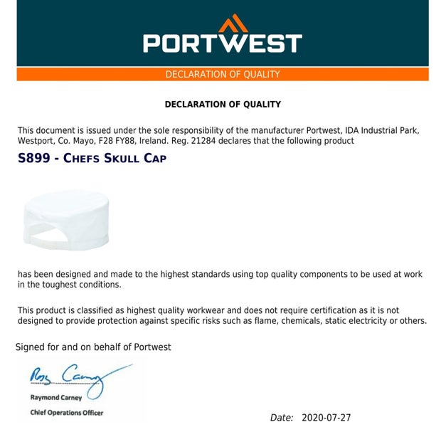 Portwest 7 Pack S899 Chefs Skull Cap Adjustable Water Resistant Hat Bulk Whit... Carousel 7