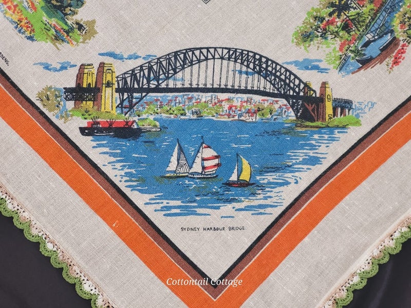 Vintage Linen Souvenir Tablecloth Sydney Australia 87cm x 92cm Carousel 1