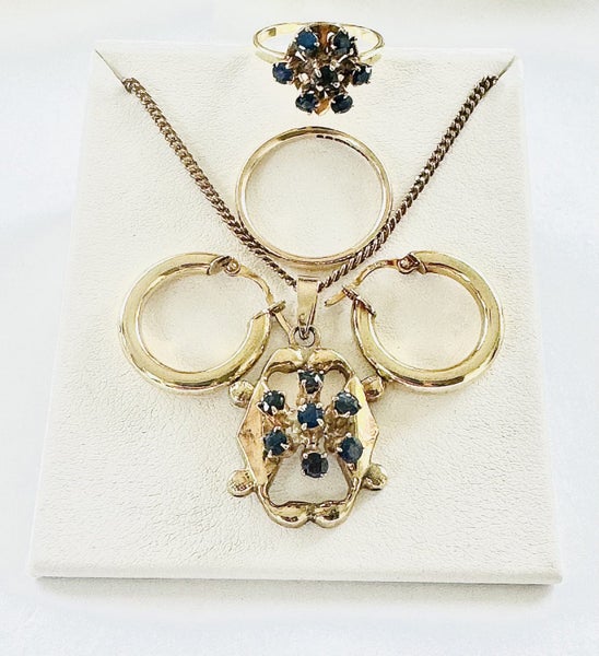 Vintage 9 carat Gold Sapphire Ring & Pendant, Earrings & Ring Band Carousel 1