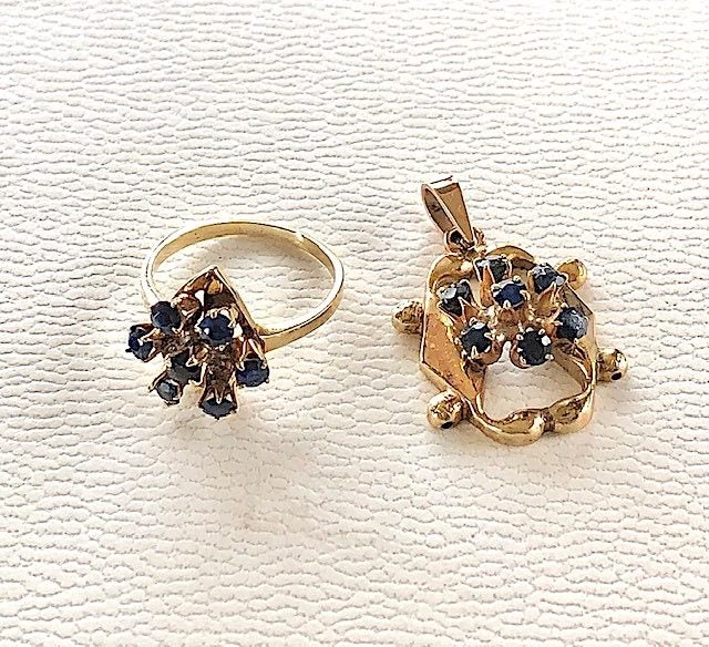 Vintage 9 carat Gold Sapphire Ring & Pendant, Earrings & Ring Band Carousel 6