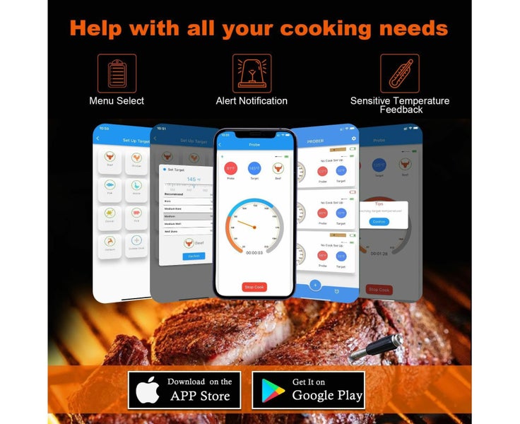 Wireless Meat Thermometer 2 Probes, 500FT Long Wireless Range Thin Probes APP Carousel 8