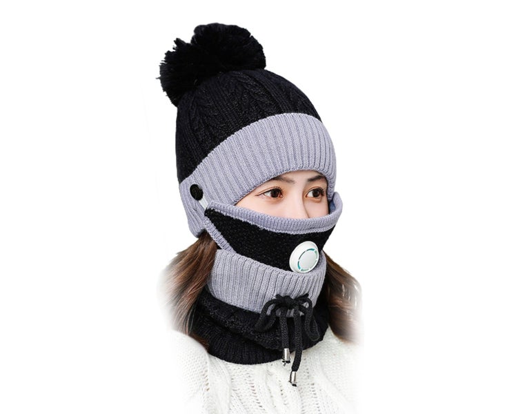 Women Winter Knitted Beanie Cap Warm Face Cover Neck Scarf Gloves Outdoor Set Carousel 1