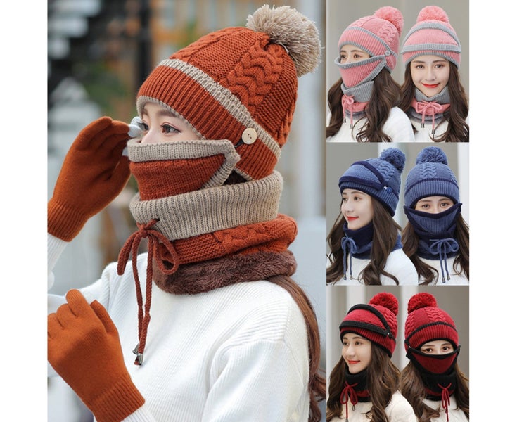 Women Winter Knitted Beanie Cap Warm Face Cover Neck Scarf Gloves Outdoor Set Carousel 2