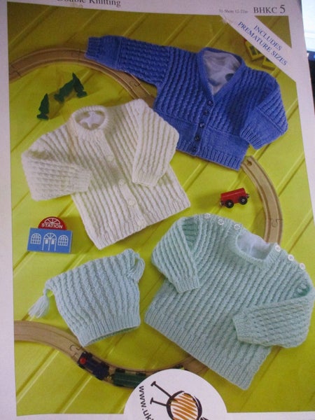 KNIT BHKC "Doll/Prem Baby 4 Row to Pattern, Cardigans, Jumper & Hat Set" Carousel 1