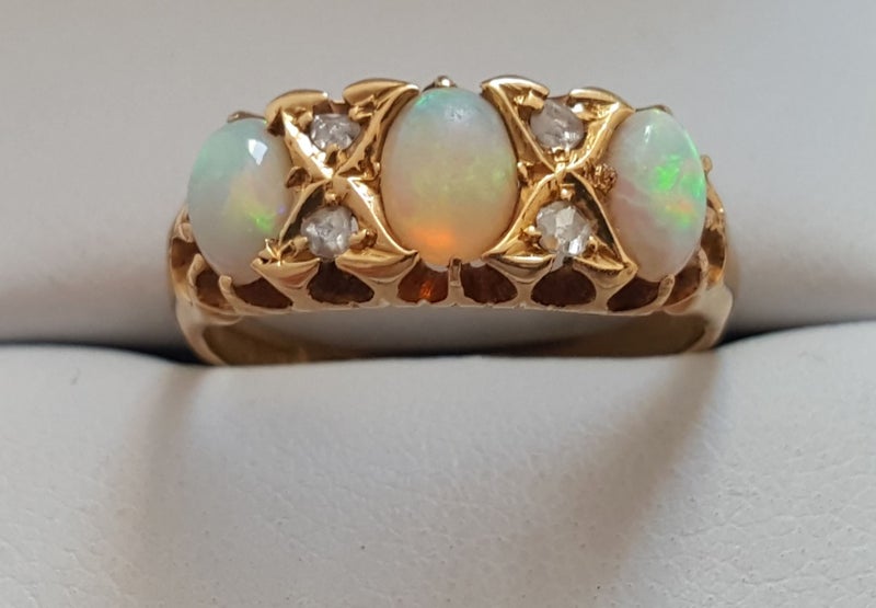 A Very Ornate And Vibrant Victorian 18CT Gold Solid Opal & Old Cut Diamond Ring Carousel 1
