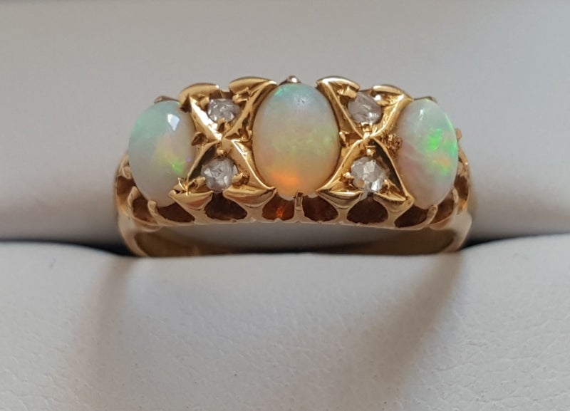 A Very Ornate And Vibrant Victorian 18CT Gold Solid Opal & Old Cut Diamond Ring Carousel 2