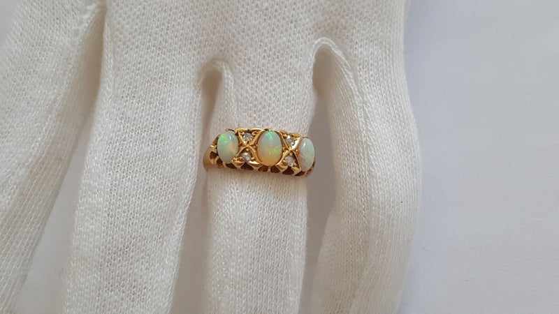 A Very Ornate And Vibrant Victorian 18CT Gold Solid Opal & Old Cut Diamond Ring Carousel 13