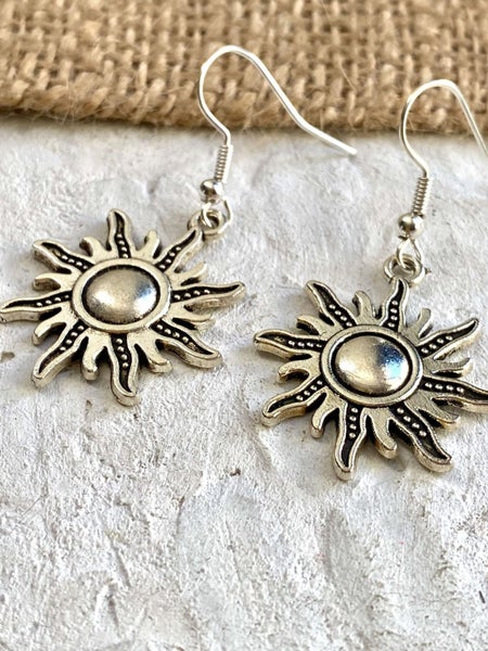Celestial Silver Sun Pendant Earrings Carousel 3