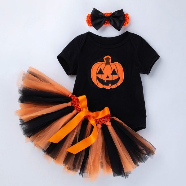 Halloween baby gils pumkin Body suit Set - white or black Carousel 1
