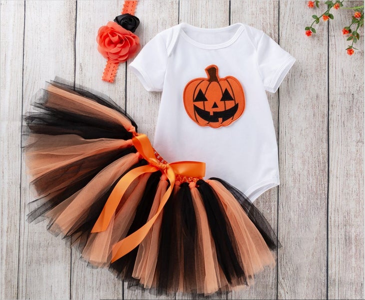 Halloween baby gils pumkin Body suit Set - white or black Carousel 2