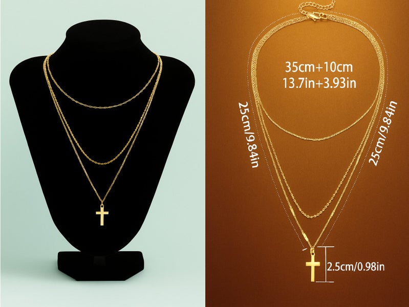 Gold Cross Necklace for Women | 3 Layer Chains | 9K Plated Carousel 1
