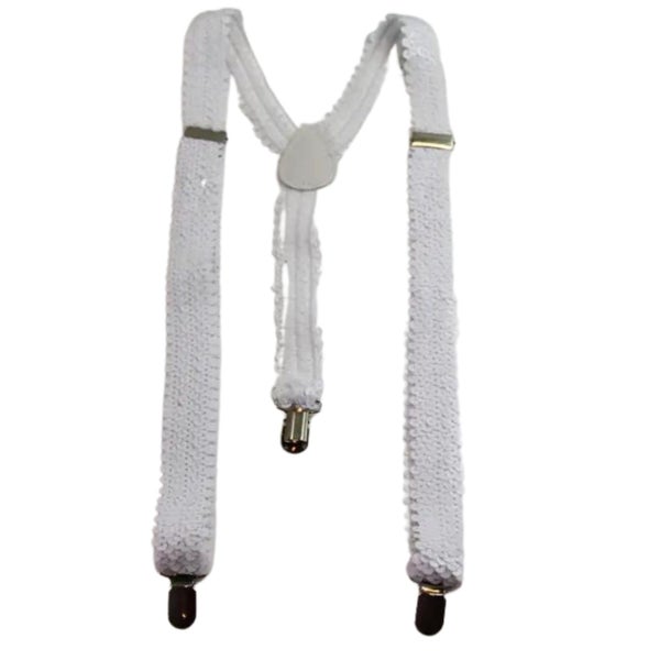 SEQUIN SUSPENDERS Unisex Adjustable Braces Clip On Elastic Y-Back - White Carousel 1