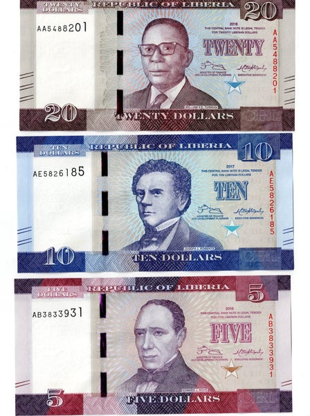 LIBERIA 2016 - 17 $5, $10 $20 banknotes UNC Carousel 1
