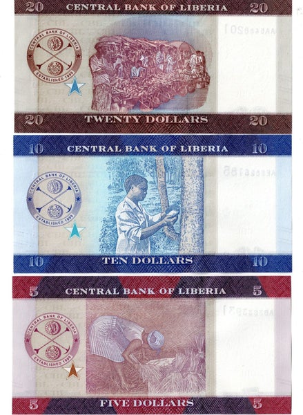 LIBERIA 2016 - 17 $5, $10 $20 banknotes UNC Carousel 2