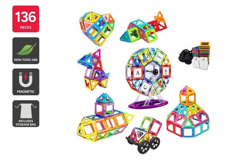 136 Piece Kids Magnetic Building Block Tile Set Carousel 2