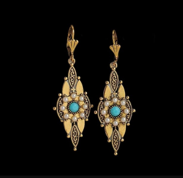 WOW $1RES!!! VICTORIAN INSP TURQUOISE PEARL EARRINGS Carousel 1