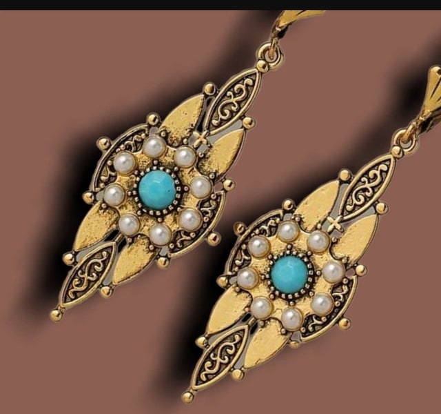WOW $1RES!!! VICTORIAN INSP TURQUOISE PEARL EARRINGS63614030437121112