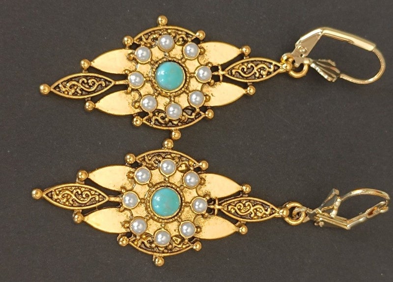 WOW $1RES!!! VICTORIAN INSP TURQUOISE PEARL EARRINGS Carousel 8
