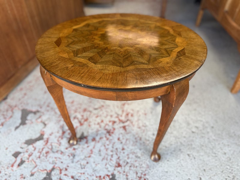 A Vintage Solid Mahogany Frame Exotic Timber Marquetry Top Circular Table Carousel 2