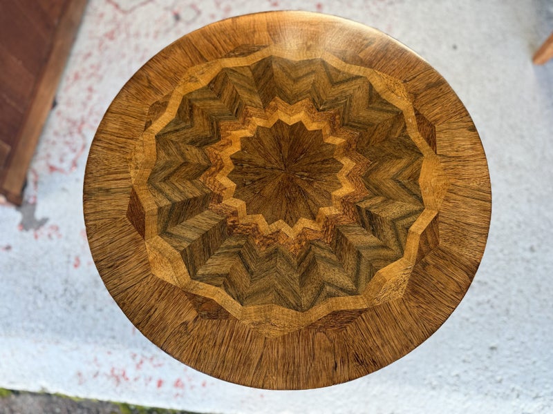 A Vintage Solid Mahogany Frame Exotic Timber Marquetry Top Circular Table Carousel 1
